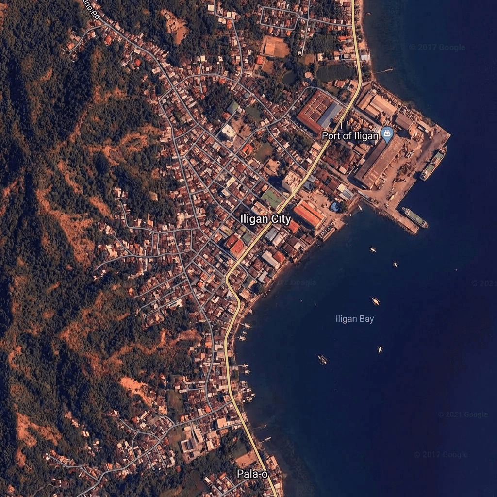 Satellite map showing Port of Iligan, Iligan City, Iligan Bay, and Pala-o.