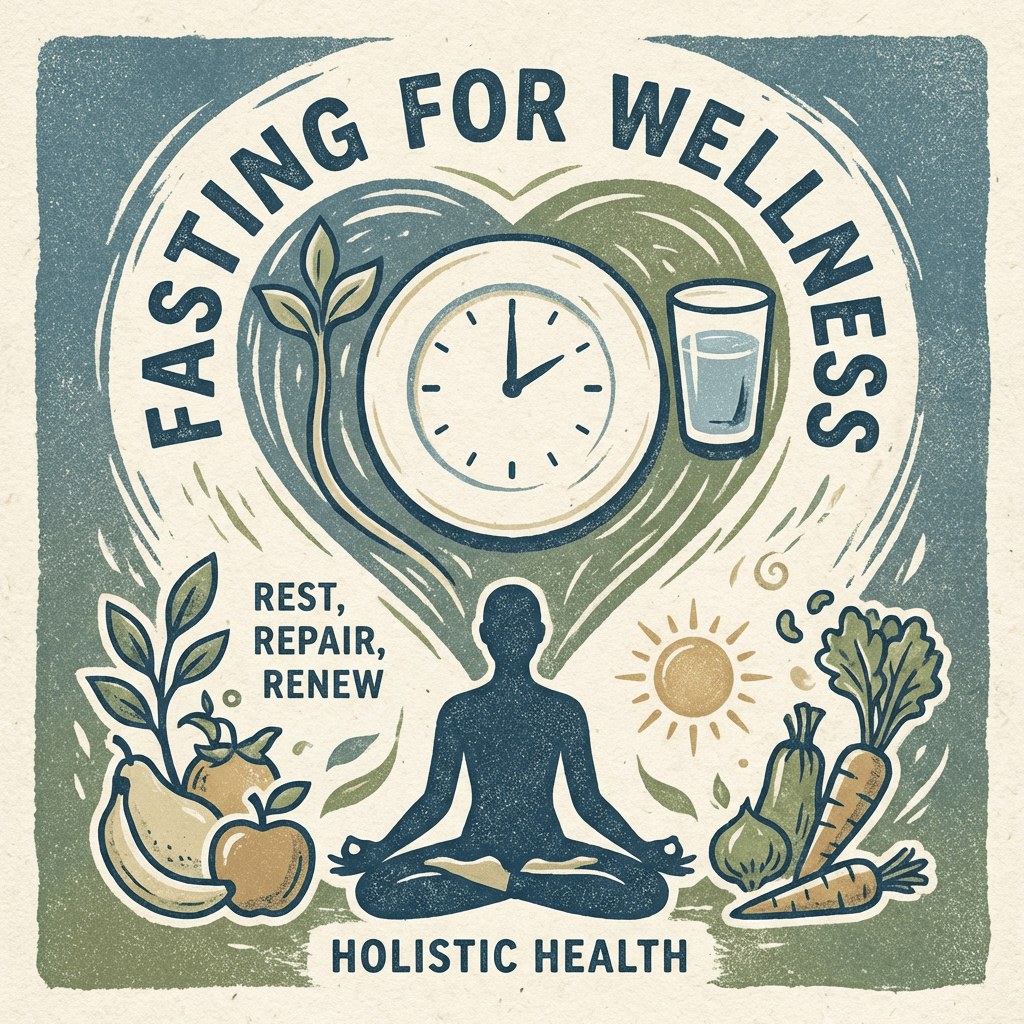 Fasting for Wellness graphic featuring meditation, healthy food, and text Rest, Repair, Renew, Holistic Health.