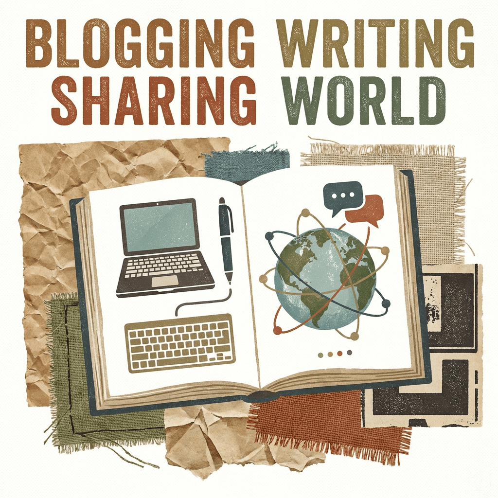 Blogging writing sharing world text above an open book showing a laptop and connected globe.