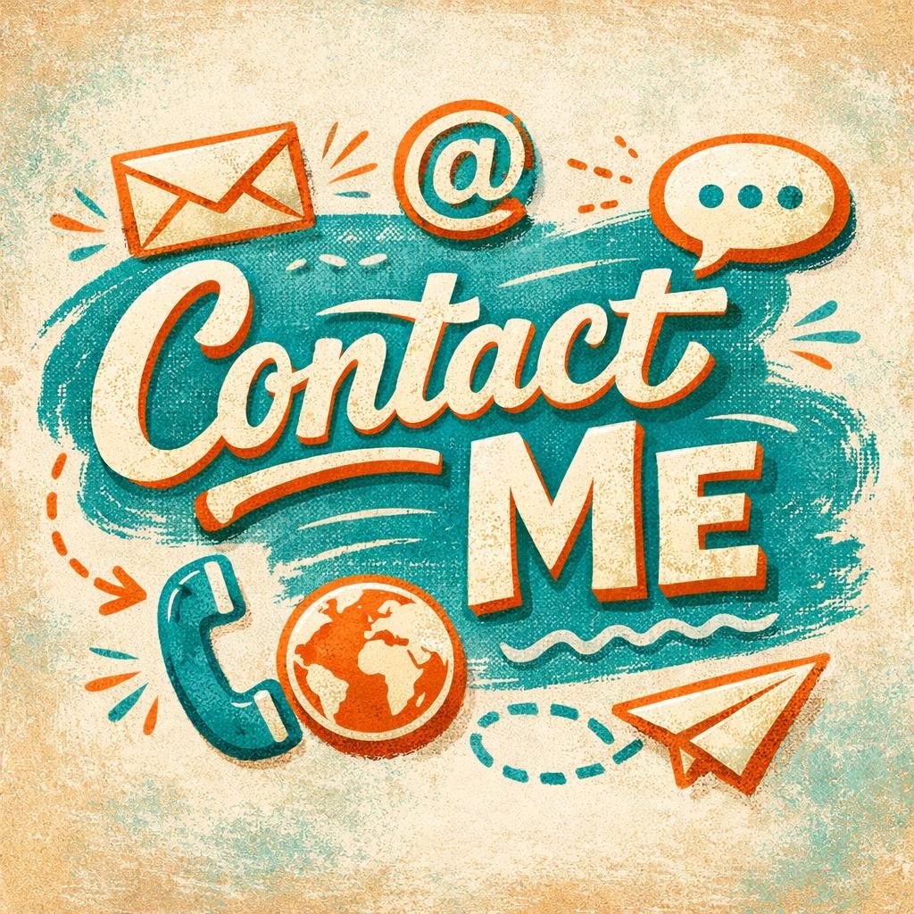 'Contact Me' with envelope, at symbol, speech bubble, phone, globe, and paper plane icons