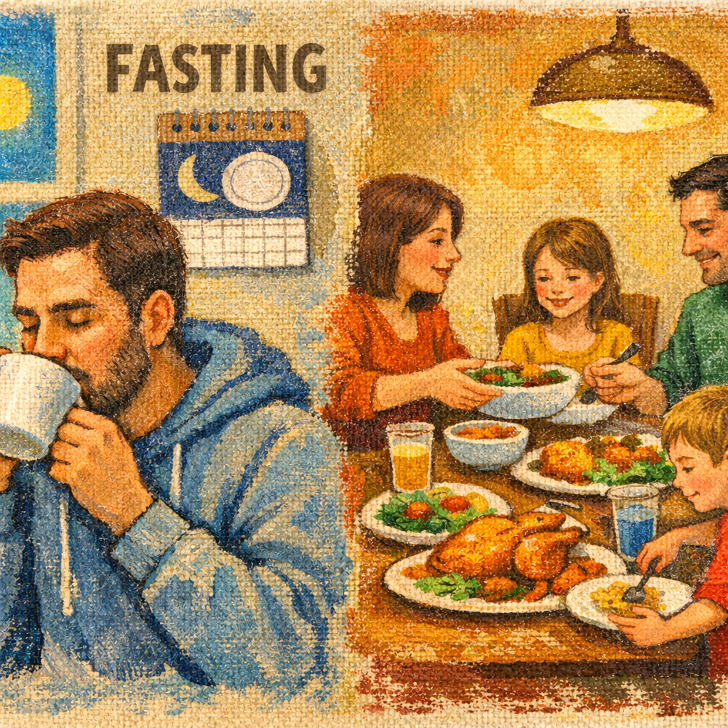 Man drinking from a cup during fasting next to family sharing a meal with chicken and salad