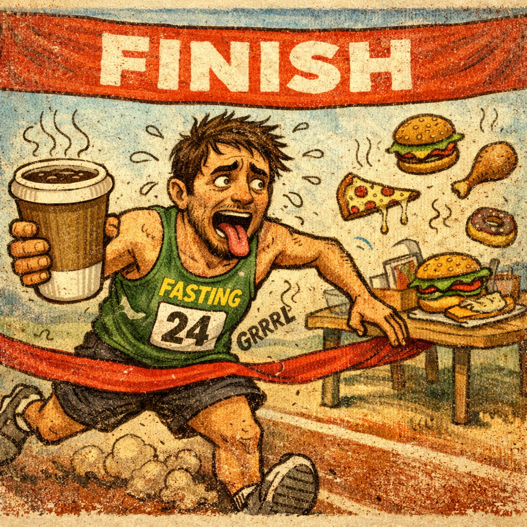Runner crossing finish line tired, holding coffee, imagining food